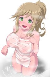Rule 34 | 1girl, :d, blush, breast suppress, breasts, brown hair, clenched hand, collarbone, covered erect nipples, covering privates, fang, green eyes, groin, inuyama aoi, large breasts, naked towel, nigane, nipples, nude cover, open mouth, partially submerged, ponytail, see-through, skin fang, smile, solo, standing, steam, swept bangs, thick eyebrows, towel, wading, water, wet towel, white background, yurucamp