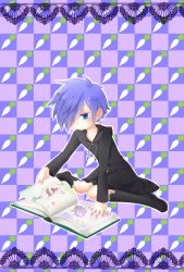 Rule 34 | 1boy, adapted costume, aged down, bad id, bad pixiv id, black coat (kingdom hearts), blue eyes, book, boots, child, full body, hair over one eye, highres, kingdom hearts, male focus, okitsune (okitsune-sama), purple hair, radish, sitting, solo, zexion