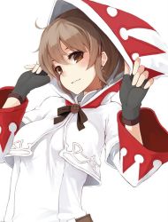 Rule 34 | 10s, 1girl, breasts, brown eyes, brown hair, cropped, earrings, final fantasy, final fantasy xiv, fingerless gloves, gloves, hood, hyur, jewelry, medium breasts, nanahara fuyuki, non-web source, short hair, smile, solo, square enix, stud earrings, warrior of light (ff14), white background, white mage (final fantasy)
