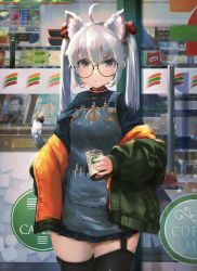 Rule 34 | 1girl, absurdres, ahoge, animal ears, apron, aqua eyes, asymmetrical legwear, black shirt, black thighhighs, blouse, can, canned coffee, cat ears, cat tail, cowboy shot, drink can, envysoi, garter straps, glasses, green jacket, hair ribbon, highres, holding, holding can, jacket, legs together, magazine (object), miniskirt, original, outdoors, pen, ribbon, round eyewear, shirt, silver hair, skirt, solo, standing, strap slip, tail, thighhighs, torn apron, torn clothes, twintails, uneven legwear