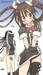 2girls asymmetrical_legwear blue_background bow bowtie braid brown_eyes brown_hair chikuma_(kancolle) chikuma_kai_ni_(kancolle) commentary_request convenient_censoring covering_face feet_out_of_frame green_jacket hair_ribbon jacket kantai_collection kujira_naoto leaf long_hair multiple_girls no_panties pelvic_curtain red_bow red_bowtie ribbon single_thighhigh thighhighs tone_(kancolle) tone_kai_ni_(kancolle) twintails twitter_username uneven_legwear white_ribbon wind wind_lift