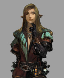 Rule 34 | 1boy, belt, black gloves, brown hair, character request, coat, cowboy shot, earrings, elf, gloves, grey background, hand on own chin, jewelry, liquid, looking at viewer, male focus, neck ring, official art, pointy ears, simple background, solo, stranger of sword city, test tube, yoshinari kou, yoshinari you
