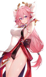 Rule 34 | 1girl, armpits, arms up, black leotard, breasts, commentary, cowboy shot, crossed bangs, detached sleeves, genshin impact, highleg, highleg leotard, highres, japanese clothes, large breasts, leotard, long hair, long sleeves, looking at viewer, parted lips, pink hair, purple eyes, revision, ru zhai, sideboob, simple background, solo, thighs, white background, yae miko