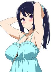 Rule 34 | 10s, 1girl, adjusting hair, armpits, arms up, bare arms, bare shoulders, between breasts, blush, breasts, collarbone, dress, hair ornament, hair scrunchie, hibike! euphonium, jpeg artifacts, kousaka reina, large breasts, long hair, parted lips, ponytail, purple eyes, scrunchie, simple background, solo, sundress, sweatdrop, takeda hiromitsu, tying hair, upper body
