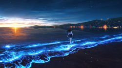 Rule 34 | 1girl, absurdres, black hair, blue skirt, building, city lights, cloud, commentary request, evening, feet in water, from behind, hair blowing, highres, landscape, long hair, mountain, mountainous horizon, ocean, original, pleated skirt, reflection, scenery, sea sparkle, shirt, shuu illust, skirt, sky, solo, star (sky), sun, sunset, walking, water, white shirt