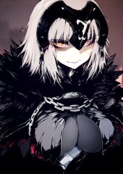 Rule 34 | 1girl, breasts, cape, chain, cleavage, closed mouth, eyelashes, fate/grand order, fate (series), fur-trimmed cape, fur collar, fur trim, glowing, glowing eyes, headpiece, highres, jeanne d&#039;arc (fate), jeanne d&#039;arc alter (avenger) (fate), jeanne d&#039;arc alter (fate), large breasts, lips, shaded face, short hair, silver hair, solo, susumu, upper body, yellow eyes