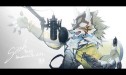 Rule 34 | 1boy, abs, absurdres, animal ears, bare pectorals, bracelet, character name, chinese text, claws, closed eyes, commentary, dated, english commentary, fangs, furry, furry male, gradient background, highres, jackal boy, jackal ears, jewelry, male focus, microphone, muscular, muscular male, music, open mouth, pawpads, pectorals, pop filter, seth (housamo), singing, tokyo houkago summoners, translation request, ty arashi