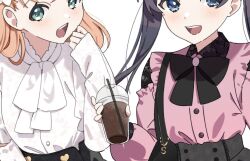 2girls :d alternate_costume aqua_eyes black_bow black_bowtie black_skirt blue_eyes blue_hair blush bow bowtie buttons clothing_cutout collared_shirt cup dark_blue_hair disposable_cup dkou double-breasted dress_shirt drinking_straw heart_button high-waist_skirt hinoshita_kaho holding holding_cup jirai_kei link!_like!_love_live! long_hair looking_at_viewer love_live! medium_hair mole mole_on_neck multiple_girls murano_sayaka neckerchief open_mouth orange_hair pink_shirt shirt shoulder_cutout simple_background skirt smile teeth twintails upper_teeth_only virtual_youtuber white_background white_neckerchief white_shirt