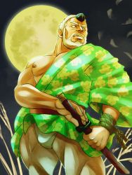 Rule 34 | 1boy, alternate costume, bara, bare pectorals, beard, bulge, facial hair, hogen (housamo), holding, holding sword, holding weapon, horns, ipponmatsustudio, japanese clothes, katana, male focus, male underwear, moon, muscular, night, night sky, nipples, old, old man, outdoors, pectorals, rope, sheath, sheathed, short hair, single bare shoulder, single horn, sky, solo, standing, sword, thick thighs, thighs, tokyo houkago summoners, underwear, weapon, white hair, white male underwear