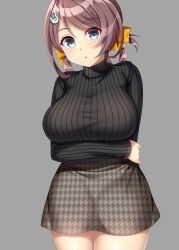 Rule 34 | 1girl, arm under breasts, black sweater, breasts, brown hair, chougei (kancolle), grey background, hair ornament, hair rings, hairclip, highres, kantai collection, large breasts, long hair, long sleeves, looking at viewer, miniskirt, official alternate costume, ruin re birth, simple background, skirt, solo, sweater