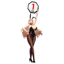 Rule 34 | 1girl, animal ears, areola slip, arm up, armpits, black bow, black bowtie, black footwear, black leotard, blonde hair, bow, bowtie, breasts, brown pantyhose, cleavage, collar, collarbone, covered navel, crossed legs, detached collar, detached sleeves, earrings, fake animal ears, fake tail, game cg, hand on own hip, high heels, highleg, highleg leotard, highres, holding, holding sign, huge breasts, jewelry, last origin, leotard, lips, long hair, looking at viewer, mel (dodosae), nail polish, official alternate costume, official art, open mouth, pantyhose, pearl earrings, playboy bunny, purple eyes, rabbit ears, rabbit tail, red nails, rena the champion, round girl, side-tie leotard, sign, simple background, skindentation, smile, solo, standing, tachi-e, tail, thick eyebrows, thick thighs, thigh strap, thighs, transparent background, wedgie, white collar, white sleeves