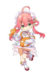 Rule 34 | 1girl, :p, absurdres, ahoge, ame., blush stickers, chibi, commentary request, detached sleeves, fish hair ornament, food, full body, green eyes, hair between eyes, hair ornament, high heels, highres, holding, holding food, hololive, long hair, long sleeves, looking at viewer, pink skirt, pleated skirt, puffy long sleeves, puffy sleeves, red footwear, red hair, sakura miko, sakura miko (new year), sandals, simple background, skindentation, skirt, sleeves past wrists, solo, standing, standing on one leg, taiyaki, tongue, tongue out, very long hair, virtual youtuber, wagashi, white background, white sleeves, zouri