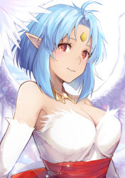 Rule 34 | 1girl, angel wings, bare shoulders, blue hair, breasts, cleavage, closed mouth, dress, elbow gloves, feathered wings, filia (star ocean), forehead jewel, fujishino shikino, gloves, lips, looking at viewer, pointy ears, red eyes, short hair, simple background, smile, solo, star ocean, star ocean the second story, wings