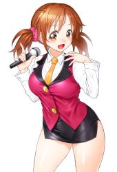 Rule 34 | 10s, 1girl, :d, brown hair, collared shirt, idolmaster, idolmaster cinderella girls, looking at viewer, microphone, miniskirt, necktie, onsoku inu, open mouth, pencil skirt, royale style (idolmaster), scrunchie, shirt, side slit, skirt, smile, solo, tight clothes, totoki airi, twintails