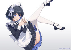 Rule 34 | 1girl, absurdres, alternate costume, antenna hair, apron, black footwear, blue eyes, blue hair, enmaided, fled, full body, hair over one eye, highres, honkai (series), honkai impact 3rd, long sleeves, looking at viewer, maid, maid apron, maid headdress, own hands together, seele vollerei, shoes, short hair, smile, solo, thighhighs, white hair, white thighhighs