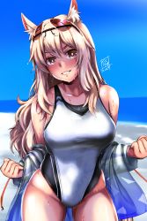 Rule 34 | absurdres, animal ears, arknights, artist logo, blonde hair, blue sky, brown eyes, cloud, competition swimsuit, day, highres, horizon, horse ears, horse girl, horse tail, implied extra ears, jacket, long hair, looking at viewer, nearl (arknights), ocean, one-piece swimsuit, outdoors, parted lips, sky, smile, swimsuit, tail, two-tone swimsuit, white jacket, white one-piece swimsuit, yellow quokka
