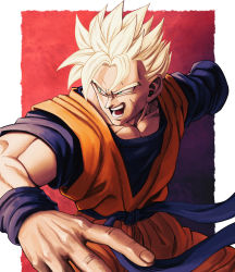 Rule 34 | 1boy, absurdres, amputee, blonde hair, cowboy shot, dougi, dragon ball, dragonball z, facial scar, fighting stance, foreshortening, green eyes, highres, huge filesize, looking at viewer, looking to the side, male focus, muscular, muscular male, aged up, orange pants, orange shirt, pants, pectoral cleavage, pectorals, scar, scar on cheek, scar on face, shirt, solo, son gohan (future), spiked hair, studio viga, wind