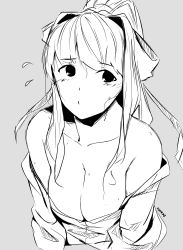 Rule 34 | 1girl, absurdres, bare shoulders, blush, breasts, cleavage, closed mouth, commentary, cropped torso, doki doki literature club, embarrassed, faiz azhar, flying sweatdrops, grey background, greyscale, hair intakes, highres, large breasts, long hair, long sleeves, looking at viewer, monika (doki doki literature club), monochrome, no bra, off shoulder, pout, signature, simple background, sketch, solo, sweat, upper body
