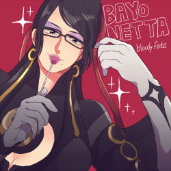 Rule 34 | 1girl, bayonetta, bayonetta, bayonetta (series), black hair, breasts, candy, food, glasses, gloves, long hair, makeup