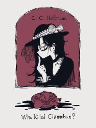 Rule 34 | 1girl, blood, blood stain, bow, choker, cover, creature, cross, cross earrings, death, earrings, english text, fake cover, finger to mouth, framed, hat, hat bow, highres, index finger raised, jewelry, long hair, monochrome, original, profile, shi (yotsuhaka), spot color, upper body