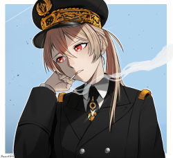 Rule 34 | 1girl, alternate costume, artist name, azur lane, black hat, cigarette holder, darkpulsegg, hair between eyes, hand on own cheek, hand on own face, hat, jean bart (azur lane), long hair, looking down, military, military hat, military uniform, open mouth, pink hair, red eyes, simple background, smoke, smoking, solo, uniform, upper body
