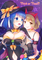 Rule 34 | 10s, 2girls, :q, bat wings, black gloves, blue eyes, blue hair, blush, grabbing another&#039;s breast, breasts, brown eyes, brown hair, candy, capelet, choker, cleavage, clothing cutout, demon horns, elbow gloves, emia wang, food, gloves, grabbing, grabbing from behind, hairband, halloween, hat, hiryuu (kancolle), horns, kantai collection, large breasts, lollipop, looking at another, looking back, multiple girls, naughty face, navel, navel cutout, open mouth, short hair, side ponytail, smile, souryuu (kancolle), star (symbol), tongue, tongue out, trick or treat, wavy mouth, wings, witch hat, yuri