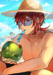 Rule 34 | 2boys, abs, bare arms, bare shoulders, beach, black male swimwear, black swim trunks, closed mouth, coconut, diluc (genshin impact), drinking, drinking straw, genshin impact, hair between eyes, hat, kaeya (genshin impact), long hair, male swimwear, multiple boys, muscular, muscular male, ocean, ponytail, red eyes, red hair, slime (genshin impact), sunglasses, swim trunks, swimsuit, xindi