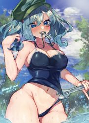 Rule 34 | 1girl, absurdres, blue eyes, blue hair, blue one-piece swimsuit, fingernails, flat cap, green hat, hair between eyes, hair bobbles, hair ornament, hamachi paint, hat, highres, kawashiro nitori, long fingernails, medium hair, one-piece swimsuit, short twintails, sidelocks, solo, swimsuit, thighs, touhou, twintails, two side up, wrench