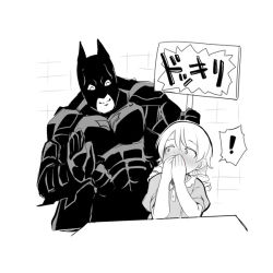 Rule 34 | !, 1boy, 1girl, armor, bad id, bad twitter id, batman, batman (series), blush, closed eyes, commentary request, covering own mouth, crossover, dc comics, dress, drill hair, greyscale, height difference, holding, holding sign, idolmaster, idolmaster cinderella girls, looking to the side, masked, medium hair, monochrome, morikubo nono, muscular, muscular male, puffy short sleeves, puffy sleeves, short sleeves, sign, smile, surprised, table, uccow, waving