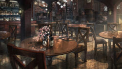 Rule 34 | absurdres, bar (place), barrel, bottle, brick wall, chair, chinese commentary, commentary request, crate, cup, day, drinking glass, flower, flower request, girls&#039; frontline, grand piano, highres, indoors, instrument, jar, manha utsutsuki, no humans, official art, piano, picture frame, pink flower, scenery, shot glass, stairs, table, vase, wall lamp, wine bottle, wine glass