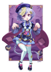 Rule 34 | 1girl, :o, bandaged leg, bandages, bead necklace, beads, blue shorts, braid, braided ponytail, cape, chinese clothes, coin hair ornament, commentary request, earrings, full body, genshin impact, hair between eyes, hair ornament, hat, jewelry, jiangshi, kikino, knees together feet apart, long hair, long sleeves, looking at viewer, low ponytail, necklace, ofuda, ofuda on clothes, orb, outstretched arms, purple eyes, purple hair, qingdai guanmao, qiqi (genshin impact), shorts, sidelocks, signature, single braid, solo, standing, thighhighs, trait connection, white thighhighs, wide sleeves, yin yang, yin yang orb, zettai ryouiki, zombie pose