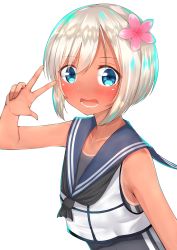 Rule 34 | 10s, 1girl, absurdres, alternate hair length, alternate hairstyle, blonde hair, blue eyes, bob cut, commentary request, crop top, flower, go-1, hair flower, hair ornament, highres, kantai collection, looking at viewer, one-piece tan, ro-500 (kancolle), sailor collar, school swimsuit, short hair, solo, swimsuit, swimsuit under clothes, tan, tanline, upper body, v, w