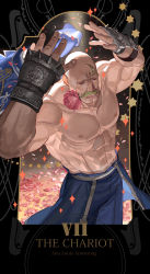 Rule 34 | 1boy, abs, ahoge, alex louis armstrong, bald, blue jacket, blue pants, character name, closed eyes, closed mouth, commentary, emmmerald, english commentary, eyelashes, facial hair, flower, fullmetal alchemist, gauntlets, hands up, highres, jacket, male focus, mouth hold, muscular, mustache, pants, petals, pink flower, pink rose, rose, solo, sparkle, spiked knuckles, standing, tarot, tarot (medium), the chariot (tarot), topless male, unworn jacket, waist cape