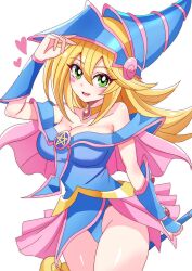 Rule 34 | 1girl, bare shoulders, blonde hair, blue hat, blush, blush stickers, breasts, choker, cleavage, cowboy shot, dark magician girl, duel monster, green eyes, hair between eyes, hat, heart, highres, holding, holding wand, large breasts, leotard, leotard under clothes, long hair, looking at viewer, momotarouooi, open mouth, pentacle, pentagram, solo, staff, wand, white background, wizard hat, yu-gi-oh!, yu-gi-oh! duel monsters