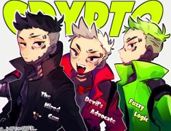 Rule 34 | 3boys, animification, apex legends, black eyes, black jacket, character name, clenched hand, crypto (apex legends), devil&#039;s advocate crypto, fangs, fuzzy logic crypto, green hair, green jacket, jacket, multiple boys, official alternate costume, open mouth, red jacket, repikinoko, sanpaku, smile, the hired gun crypto, undercut, upper body