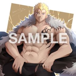 Rule 34 | 1boy, abs, bara, bare pectorals, black pants, blonde hair, bulge, chest tattoo, clothes pull, commission, cowboy shot, fairy tail, feet out of frame, fur-trimmed jacket, fur trim, hachikou nameko, jacket, jacket on shoulders, large pectorals, laxus dreyar, looking at viewer, male focus, muscular, muscular male, navel, nipples, no shirt, pants, pants pull, pectorals, pulling own clothes, sample watermark, short hair, sideburns, skeb commission, solo, spiked hair, stomach, tattoo, watermark