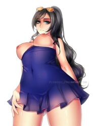 Rule 34 | 1girl, black hair, blue dress, blue eyes, breasts, breasts out, dress, eyewear on head, flowerxl, from below, large breasts, long hair, nico robin, nipples, one piece, ponytail, solo, sunglasses, very long hair, watermark, web address, white background