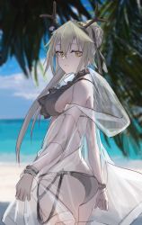 Rule 34 | 1girl, antlers, arknights, ass, bare shoulders, beach, bikini, blue sky, blurry, blurry background, breasts, cloud, commentary request, cowboy shot, day, firewatch (arknights), grey bikini, grey eyes, grey hair, grey ribbon, hair between eyes, hair ribbon, highres, horn/wood, horns, jacket, long hair, long sleeves, looking at viewer, medium breasts, ocean, off shoulder, outdoors, parted lips, partial commentary, ribbon, see-through, sky, solo, standing, swimsuit, very long hair, water