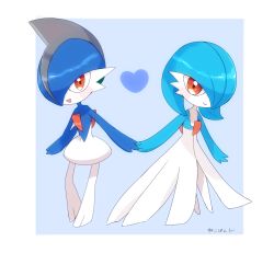 Rule 34 | 1boy, 1girl, alternate color, artist name, blue background, blue hair, blue skin, blue theme, blush, blush stickers, bob cut, border, chibi, closed mouth, colored skin, couple, creatures (company), flat chest, full body, gallade, game freak, gardevoir, gen 3 pokemon, gen 4 pokemon, grey hair, hair over one eye, happy, heart, highres, holding hands, looking at viewer, mohawk, multicolored hair, multicolored skin, nekopanda, nintendo, one eye covered, open mouth, orange eyes, outside border, pokemon, pokemon (creature), shiny pokemon, short hair, signature, simple background, smile, standing, two-tone hair, two-tone skin, white border, white skin
