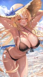 Rule 34 | 1girl, absurdres, armpits, arms up, beach, bikini, black bikini, blonde hair, blush, breasts, cleavage, collarbone, dark-skinned female, dark elf, dark skin, day, elf, front-tie bikini top, front-tie top, hair between eyes, hat, highres, hololive, large breasts, long hair, looking at viewer, maison de cante, multicolored hair, navel, one eye closed, open mouth, outdoors, pointy ears, red eyes, shiranui flare, side-tie bikini bottom, smile, solo, straw hat, streaked hair, swimsuit, teeth, thighs, upper teeth only, virtual youtuber, white hair