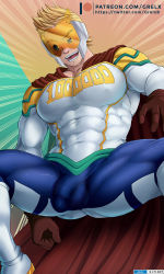 Rule 34 | 1boy, bara, blonde hair, bodysuit, boku no hero academia, bulge, cape, covered abs, covered erect nipples, covered navel, feet out of frame, flaccid, gluteal fold, grelxb, highres, large pectorals, male focus, muscular, paid reward available, patreon username, pectorals, red cape, paid reward available, short hair, solo, spiked hair, spread legs, superhero costume, thick thighs, thighs, togata mirio, white bodysuit