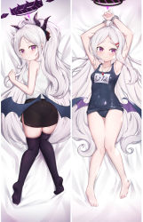 Rule 34 | 1girl, ahoge, armpits, arms up, ass, bare arms, bare legs, bare shoulders, barefoot, bed sheet, black one-piece swimsuit, black skirt, black thighhighs, blue archive, blush, breasts, cameltoe, closed mouth, commentary request, dakimakura (medium), hair ornament, hairclip, halo, hand up, highres, hina (blue archive), hina (swimsuit) (blue archive), horns, long hair, looking at viewer, looking back, low wings, multiple horns, multiple views, no shoes, old school swimsuit, one-piece swimsuit, pantylines, parted bangs, pencil skirt, purple eyes, purple wings, school swimsuit, shirt, skirt, sleeveless, sleeveless shirt, small breasts, soles, swimsuit, thighhighs, uneg, very long hair, whistle, whistle around neck, white hair, white shirt, wings