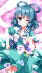 Rule 34 | 1girl, aqua dress, blowing kiss, blue eyes, blue hair, commentary request, dress, eyes visible through hair, flower, hagoromo, hair rings, hand on own hip, heart, highres, kaku seiga, looking at viewer, one eye closed, puffy short sleeves, puffy sleeves, ruu (tksymkw), shawl, short sleeves, solo, touhou, vest, white vest