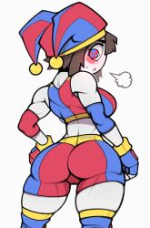 Rule 34 | 1girl, absurdres, ass, breasts, brown hair, fingerless gloves, glitch productions, gloves, gym shorts, hat, highres, jester, jester cap, jester girl, large breasts, pomni (the amazing digital circus), roadi3, short hair, shorts, the amazing digital circus, thighhighs