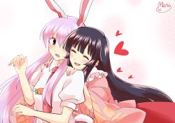 Rule 34 | 2girls, :d, ^ ^, animal ears, black hair, blouse, blunt bangs, carrot, closed eyes, collar, collared shirt, commentary request, frilled collar, frills, hair between eyes, hair over one eye, hands on another&#039;s shoulders, heart, houraisan kaguya, light purple hair, long hair, mana (gooney), multiple girls, necktie, one eye covered, open mouth, pink shirt, puffy short sleeves, puffy sleeves, rabbit ears, rabbit tail, red eyes, red necktie, red skirt, reisen udongein inaba, shirt, short sleeves, signature, skirt, smile, tail, touhou, very long hair, white shirt, wide sleeves, yuri