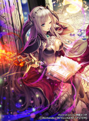 Rule 34 | 1girl, bat (animal), blue eyes, book, breasts, cape, cleavage, crossed legs, fingernails, fire emblem, fire emblem cipher, fire emblem echoes: shadows of valentia, holding, horn ornament, horns, kamui natsuki, large breasts, lips, long hair, looking at viewer, moon, night, night sky, nintendo, official art, one eye closed, open book, open mouth, revealing clothes, shade (fire emblem), sitting, sky, solo, sparkle, teeth, thighhighs, very long hair, wand, white hair