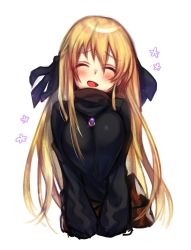 Rule 34 | 1girl, absurdres, between breasts, black ribbon, black sweater, blonde hair, blush, borrowed character, breasts, closed eyes, facing viewer, hair ribbon, highres, jewelry, large breasts, long hair, long sleeves, mozu 1oo, open mouth, original, pendant, ribbon, simple background, smile, solo, sweater, turtleneck, turtleneck sweater, upper body, very long hair, white background