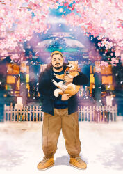 Rule 34 | 1boy, absurdres, bara, beanie, beard, blush, brown pants, bulge, cherry blossoms, daisukebear, facial hair, full body, hat, highres, jacket, japan, looking at viewer, male focus, mature male, mustache, new year, open clothes, open jacket, original, pants, shiba inu, short hair, shrine, solo, standing, thick mustache, winter clothes