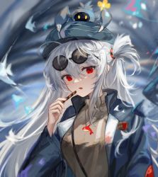 Rule 34 | 1girl, arknights, blue headwear, blue jacket, brown shirt, crab on head, eyewear on head, fish, hat, highres, holding, jacket, jewelry, long hair, looking at viewer, metal crab (arknights), necklace, open clothes, open jacket, orca, red eyes, shirt, short ponytail, side ponytail, skadi (arknights), spacelongcat, sunglasses, upper body, white hair