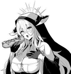 Rule 34 | 1girl, :o, azur lane, azur lane: slow ahead, bare shoulders, black gloves, breasts, cleavage, fake horns, food, gloves, greyscale, habit, holding, holding food, hori (hori no su), horns, hot dog, implacable (azur lane), large breasts, long bangs, long hair, monochrome, nun, official art, open mouth, sexually suggestive, simple background, solo, tongue, tongue out, veil, white background, wide sleeves